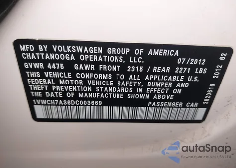 2013 Volkswagen Passat 2.5L Sel z USA, uszkodzony, nr VIN 1VWCH7A36DC003669